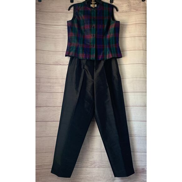 Vintage Talbots Petites Silk Pant Outfit Plaid Button Top Cropped Pants Size 10 - Picture 1 of 16